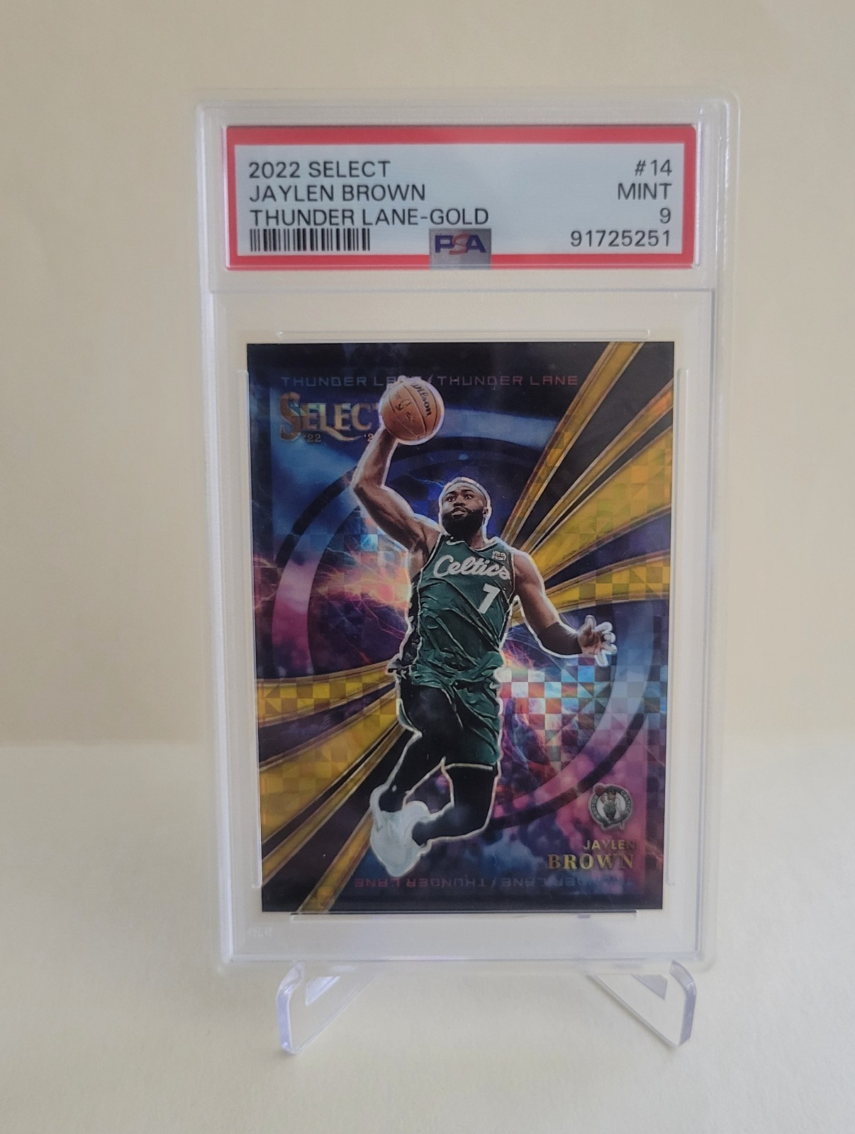 2022-23 PANINI SELECT JAYLEN BROWN THUNDER LANE GOLD PRIZM #14 Ser #10/10 PSA 9