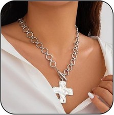 Chunky Cross Paperclip Necklace for Women Gold Silver Cross Toggle Clasp Necklac