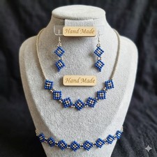 Handmade Blue Silver Beaded Jewellery Set Necklace Bracelet Drop Earrings