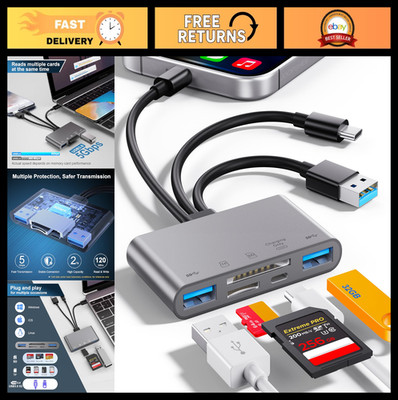 5-in-1 USB 3.0 SD Card Reader Adapter for Phone/Pad USB C/A, TF/SD Slots, Fast T