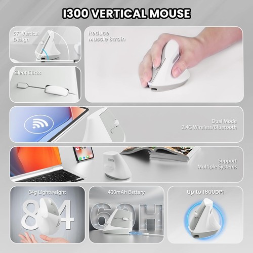 AJAZZ x ATTACK SHARK I300 Vertical Ergonomic Optical Mouse, Dual Wireless Mouse - Picture 10 of 19