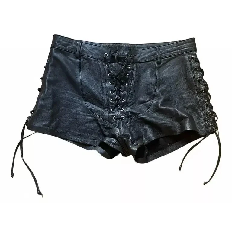 Shorts de motociclista de couro - Vintage anos 80 feminino preto com cadarço shorts de balanço personalizados - Imagem 4 de 4