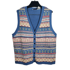 Erika Ii Novelty Knit Cardigan Sweater Vest Womens 1x Blue Fair Isle Tree Heart