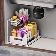 Under Sink Organizer 2 Tier Pull Out Cabinet Organizer Sliding Sink Shelf white