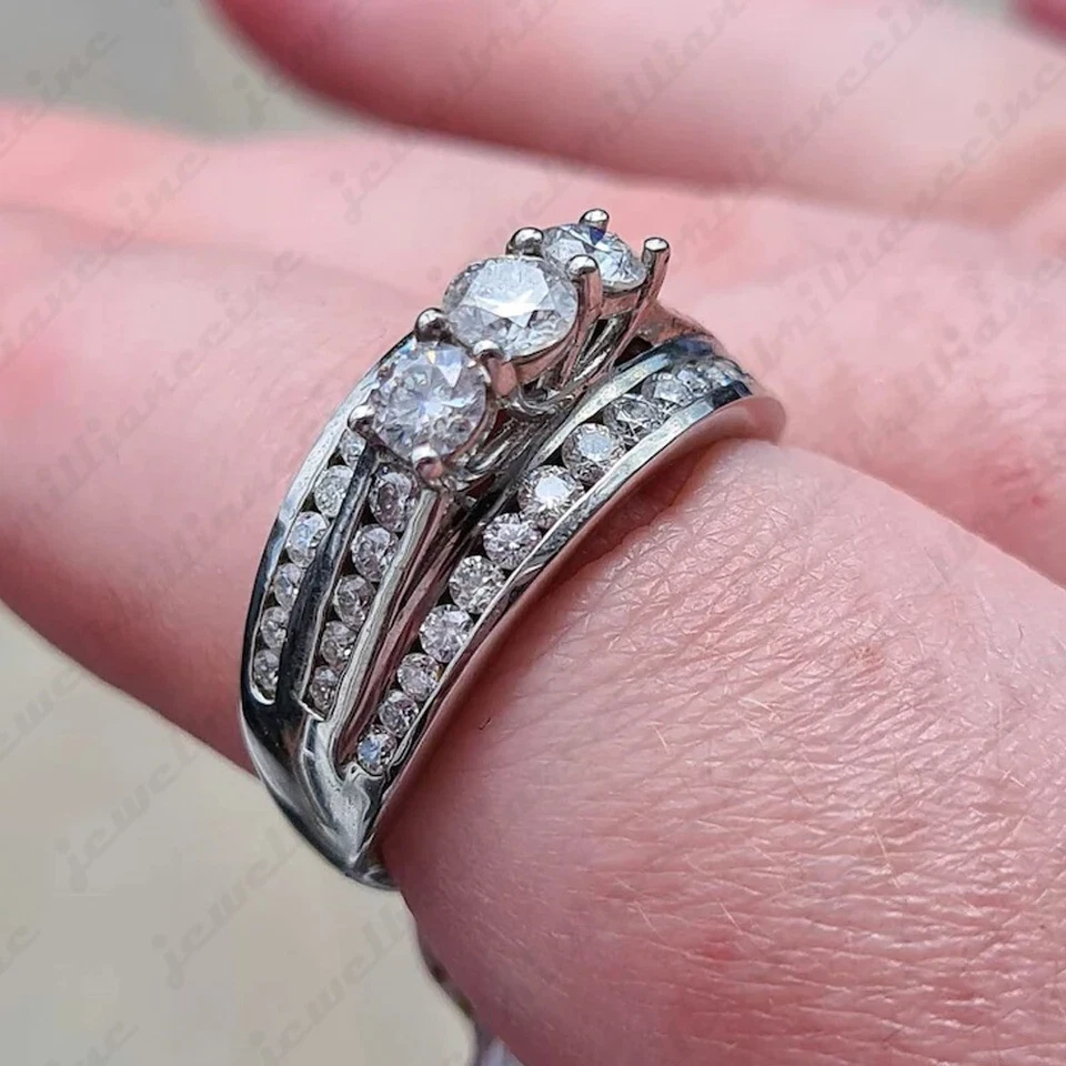 0.52 TCW Round Cut Moissanite Three Stone Engagement Ring 14K White Gold Plated - Image 4 of 4