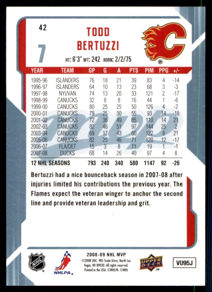 2008-09 Upper Deck MVP Todd Bertuzzi Calgary Flames #42 - Image 2 of 2