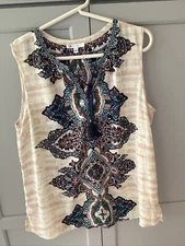 DR2 Daniel Rainn  Poly Sleeveless Front Tie Tassel Embroidered Boho Top Size XL