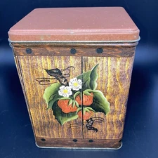 Vintage J.L. Clark Tin Canister strawberry vine with wood