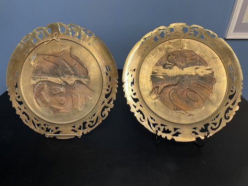 Large Vintage Brass Wall Hanging Decor GOOD FORTUNE 12” Asian Chinese Set Of 2 - Picture 4 of 5