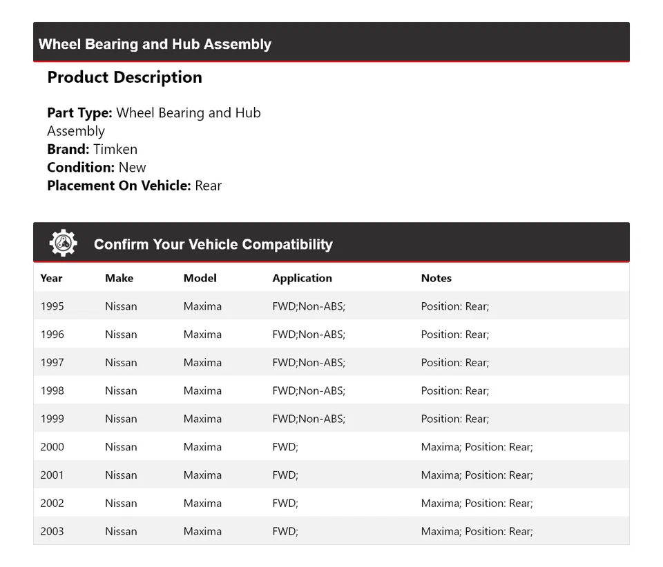Conjunto de cojinete de rueda y buje trasero Timken 1996 para Nissan Máxima 1995-2003 tracción delantera Foto 2 de 4
