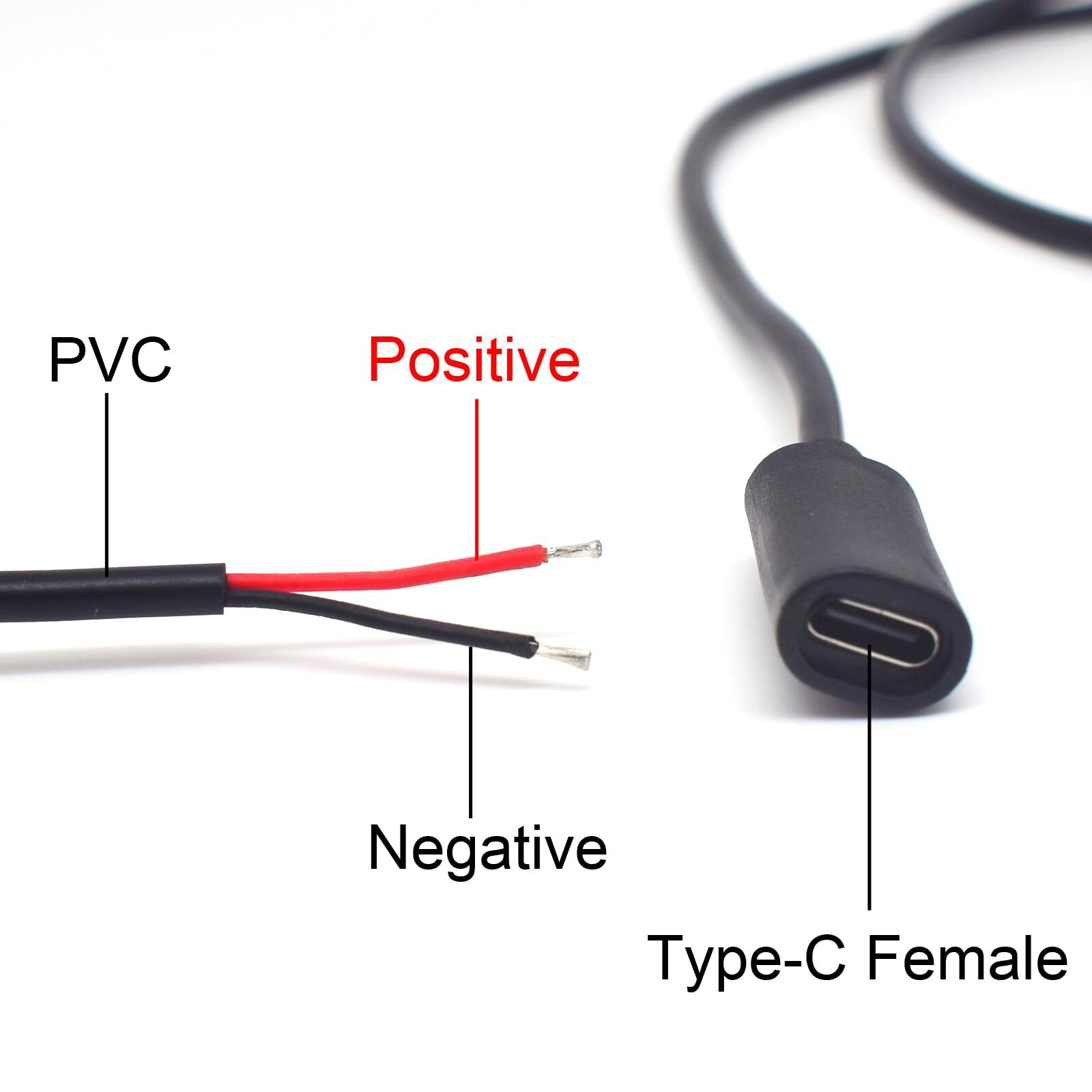 2PCS USB Type C Female Pigtail0.3M/1Feet 22AWG USB C Female Plug to 2 Pin Bar...