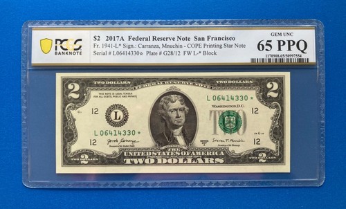 Very Low Run 2017 A $2 Star Note, 32K Run, PCGS Graded 65PPQ, L06414330*