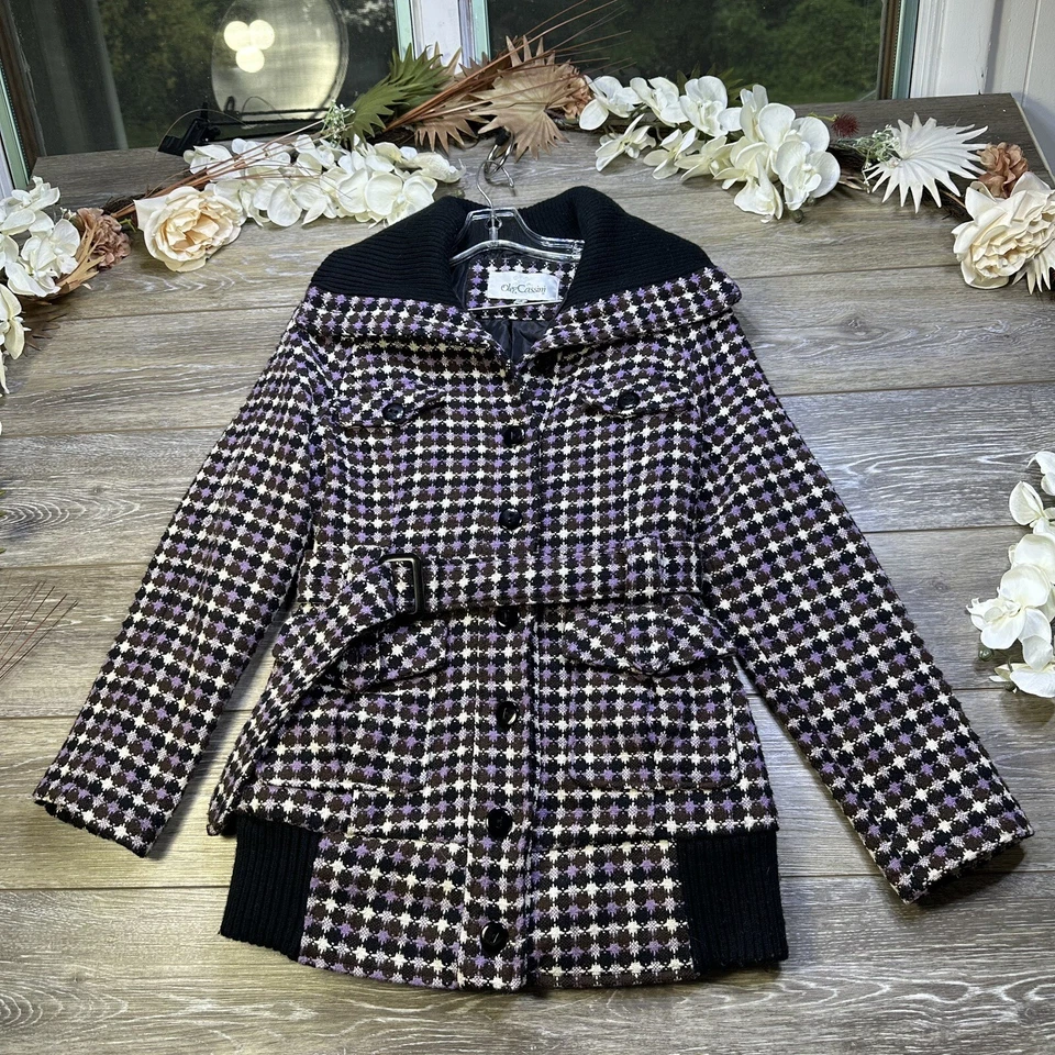 Abrigo vintage Oleg Cassini talla pequeña para mujer a cuadros con cinturón rosa marrón lunares lana Foto 3 de 4