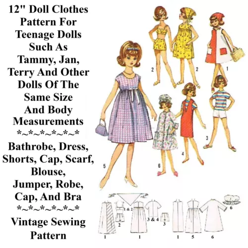 12" Doll Clothes Vintage Sewing Pattern For Tammy, Jan, And Terry Teen Dolls