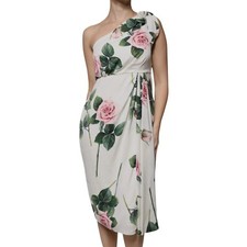 DOLCE & GABBANA Dress White Floral Silk One Shoulder Midi IT38/US4/XS 2630usd