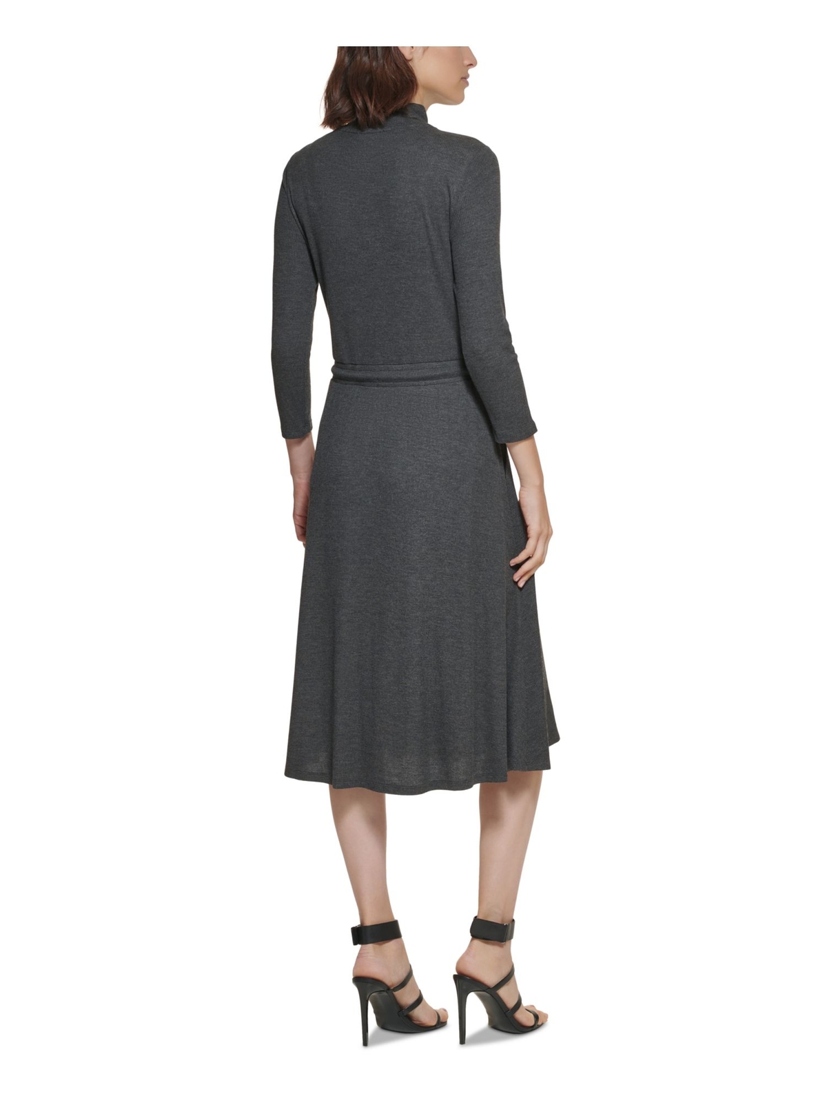 CALVIN KLEIN Womens Gray Waist 3/4 Sleeve Below The Knee Sweater Dress