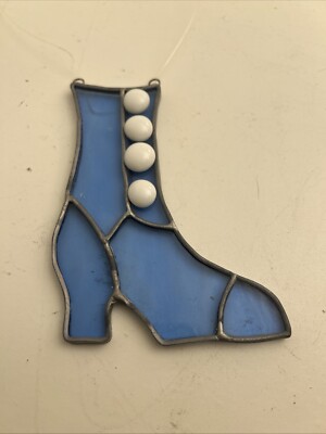 HANDCRAFTED Hanging STAINED GLASS  HIGH HEEL Boot SHOE Blue & White
