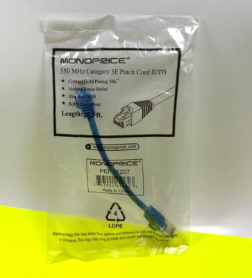 Monoprice 11207 350MHz Category 5E Patch Cord (UTP) 0.5ft Long Blue - NEW