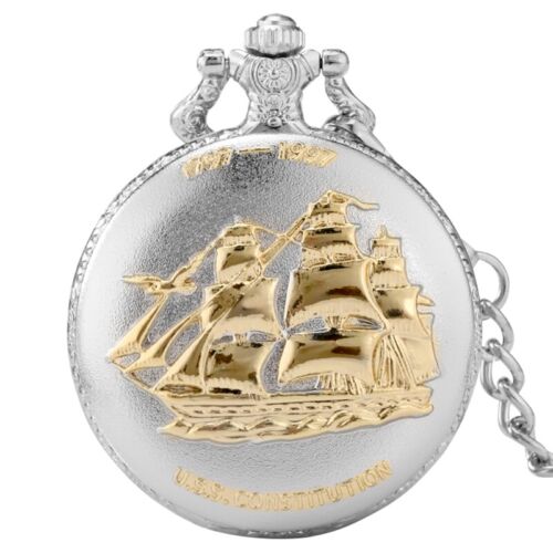 Silver Golden Military U.S Navy USS Constitution Sail Frigate Pocket Watch Gifts - Picture 2 of 10