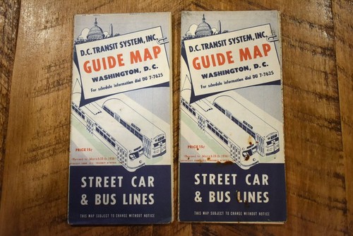 Washington DC Transit System Guide - Voitures de rue ligne de bus carte pliante 1958 lot de 2 - Photo 1 sur 7