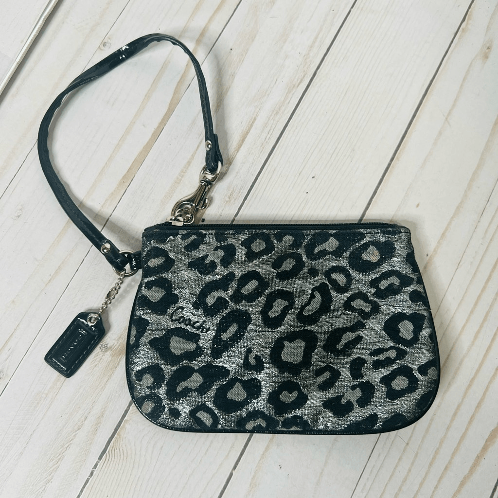 Coach Black Silver Glitter Leopard Zip Wristlet