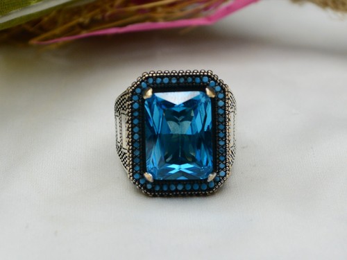 Men's Aquamarine Ring Solid 925 Sterling Silver Handmade Jewelry Size 7-15 - Picture 3 of 7