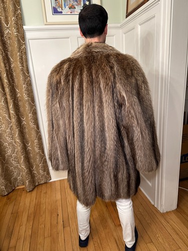 New 36" Long Mens Silver Tipped Raccoon Real Fur Coat Size 44R Medium Jacket USA - Picture 6 of 9