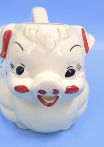 Shawnee Smiley the Pig Pitcher Red Flowers & Ribbon Piggy 1940's - Picture 2 of 9