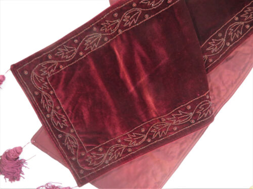 Dark Red Velvet Table Runner w/ Strings of Beads - Picture 5 of 11