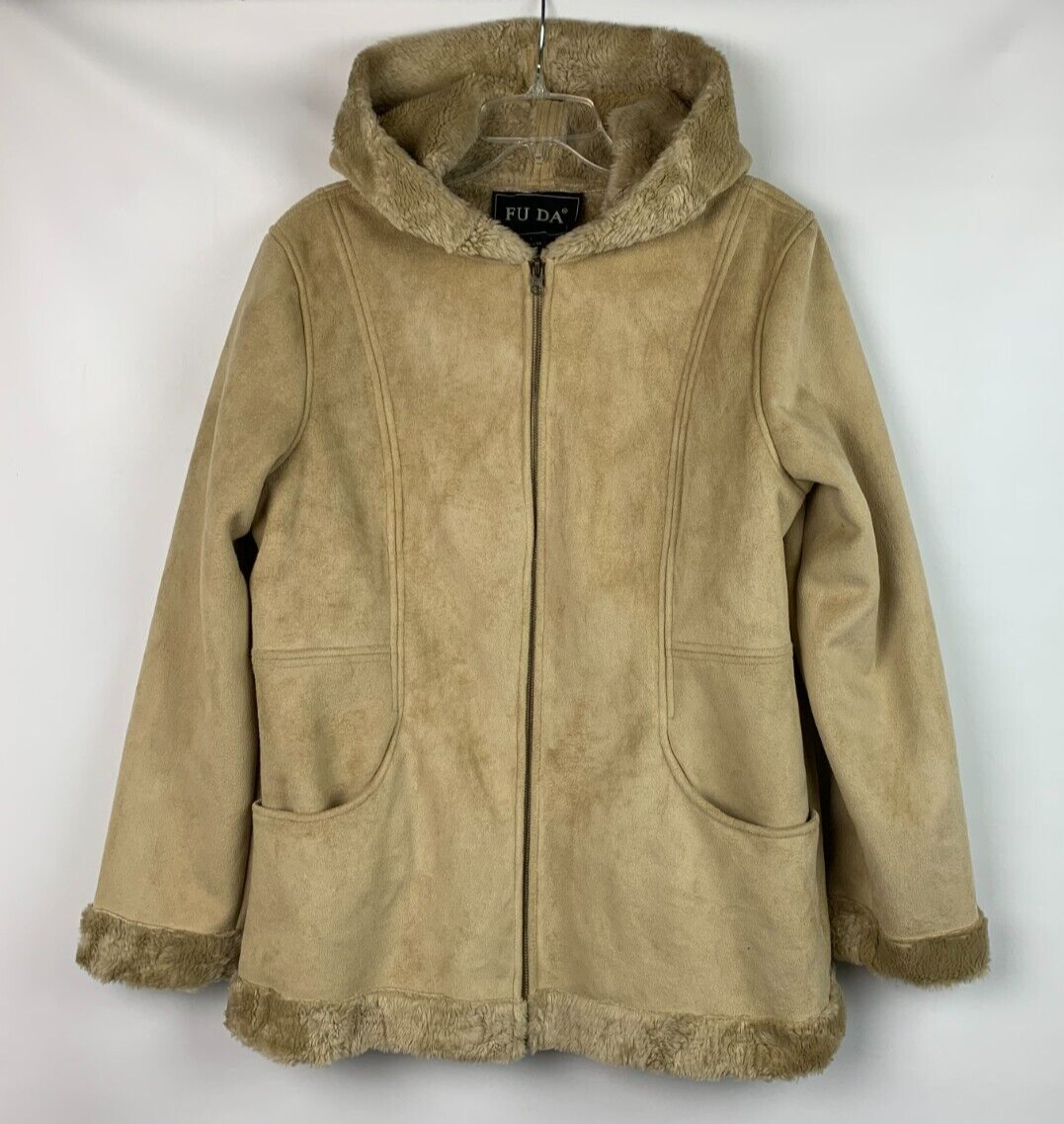 FU DA New York Jacket Tan Faux Suede Hood Zip Pockets Faux FU DA New York Jacket Tan Faux Suede Hood Zip Pockets Faux