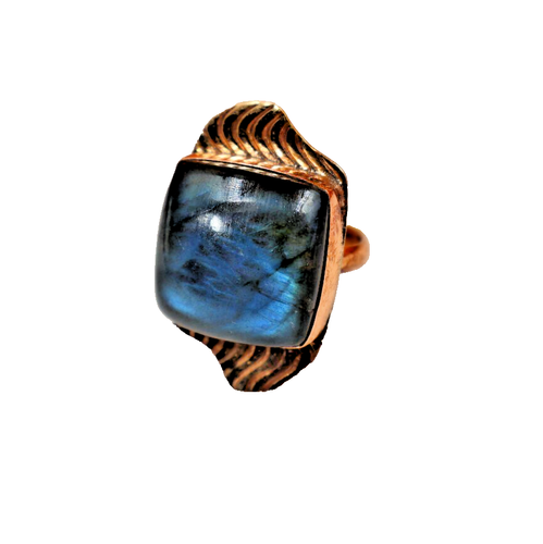 Blue Labradorite Healing Ring Designer Copper Handmade Spiritual Textured Ring - 第 4/7 張圖片