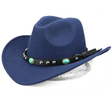 Navy Blue Western Cowboy, Cowgirl Hat, Turquoise, Men Women Retro Wide Brim