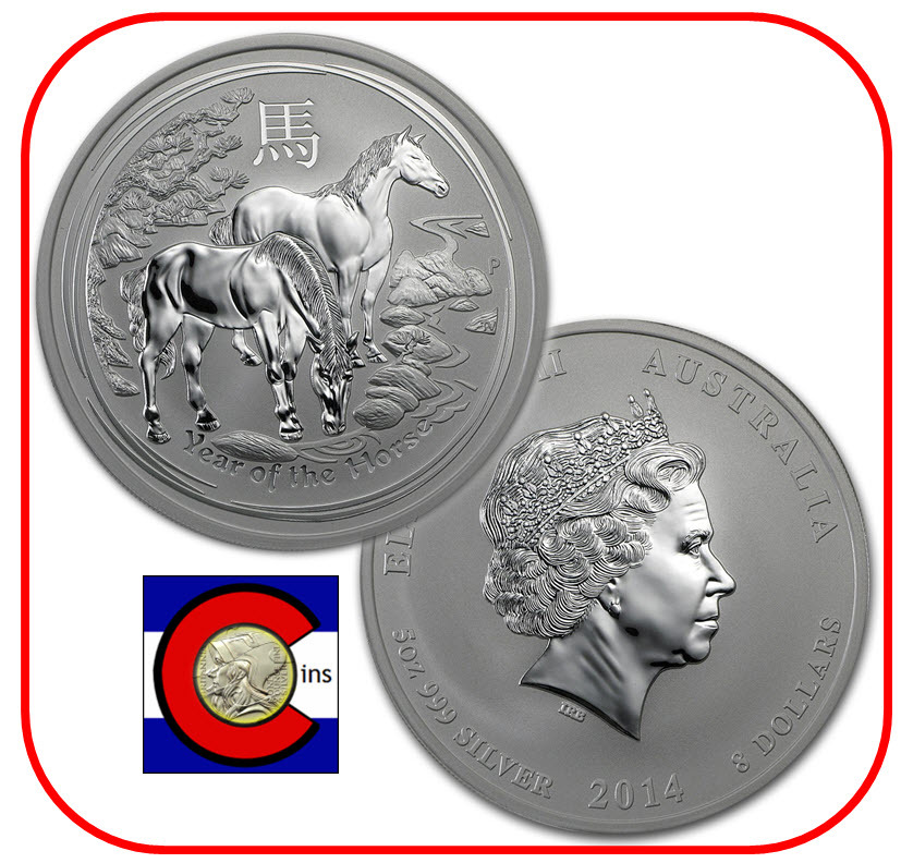 2014 Australia Lunar Horse 5 oz 0.999 Silver BU Coin in Mint