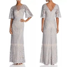 Tadashi Malina Flutter Sleeve Lace Gown In Pewter/ Petal - 6