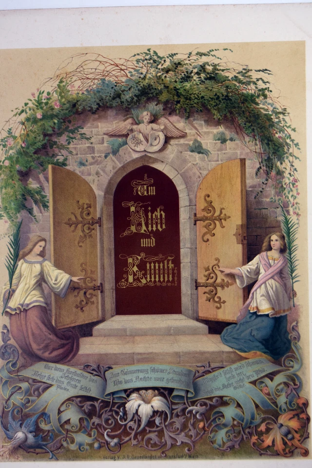 Estampa litho alemã antiga detalhes em tom dourado anjos por amor e arte Goethe - Imagem 2 de 4