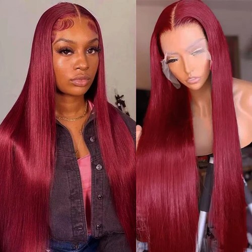 99jBurgundy Lace Front Human Hair Wig Straight HD Transparent Lace Wig For Women