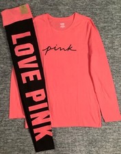 Victoria's Secret Pink LS Tee Shirt  Leggings Set Sunkissed Coral Pink Black XL