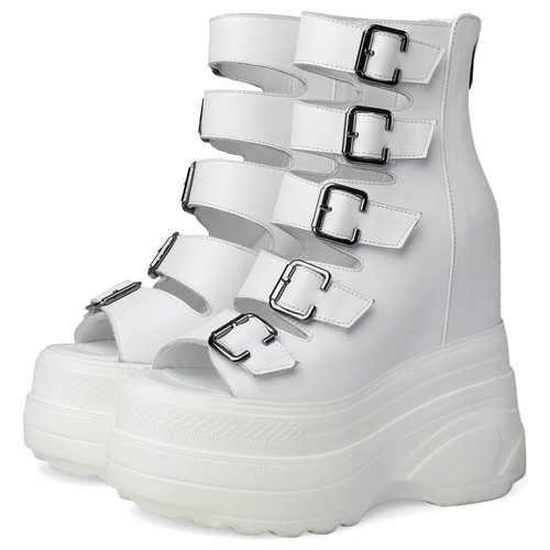 16 cm Stiefel Damen Leder High Heel Riemchen Plateau Keilabsatz Sandalen Übergröße 44 45 - Bild 5 von 13