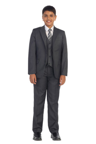 Magen Boys charcoal SLIM FIT suit 7 pc set coat,vest,pant,shirt,clip tie #10 - Picture 2 of 8