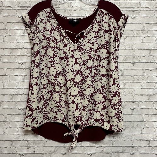 By & By Women's Size Large Burgundy White Floral Blouse Top Short Sleeve - Picture 1 of 13