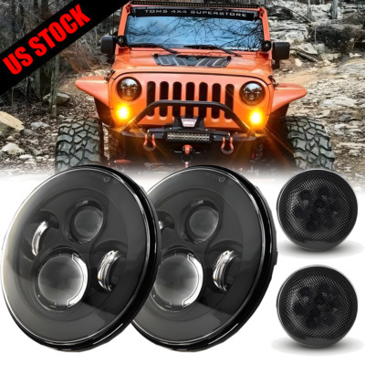 Combo 7'' Round LED Headlights Turn Signal Lights  For Jeep Wrangler JK 2007-201