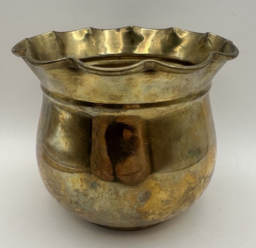 Vintage Brass Round Planter Ruffled Rim 4” T 4.5”W Nice Patina - Picture 17 of 20