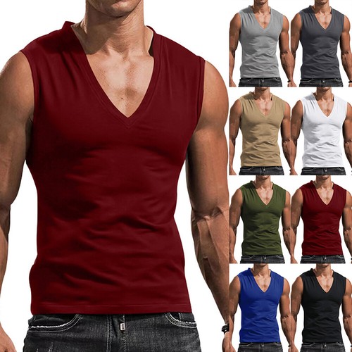 Mens V Neck Sleeveless Muscle Tank Vset Tops Training Sports Summer Tee T-Shirt