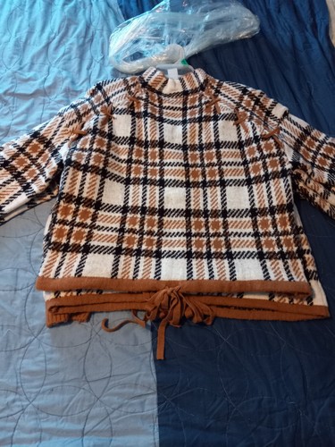Plus Size Long Sleeve Argyle Plaid Mock Neck Sweater With Drawstring Waist 1X - 第 5/10 張圖片