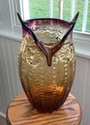 VINTAGE MURANO STYLE GLASS OWL STANDS 13 1/2" TALL AMBER AND PURPLE BEAUTIFUL