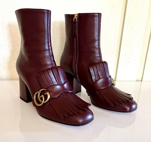 Stivaletti Gucci bordeaux pelle GG Marmont kiltie frange EU 38,5 US 8 $1250 - Foto 3 di 12