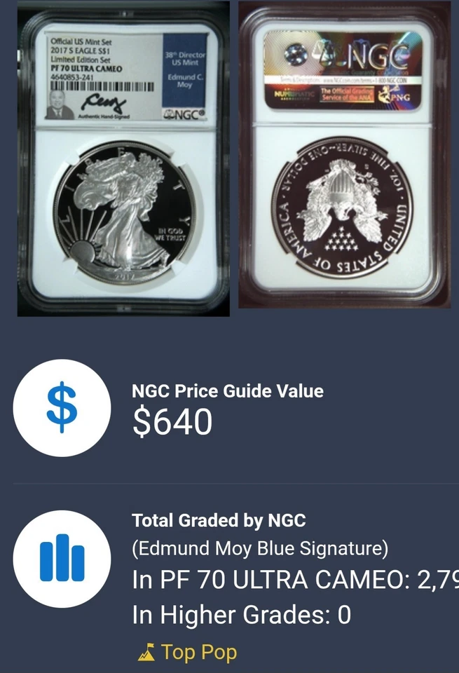 Juego de edición limitada S Silver Eagle 2017 $1 Pf 70 UC Moy Hand Sig Ngc poco acuñación Foto 2 de 4