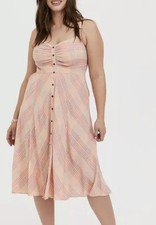 Torrid Women’s Peach Plaid Challis Button Front Midi Dress Size 1X Cottagecore