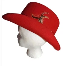 Vintage Capas Design Godfather Red Wool Fedora Hat Leather Band Feather Pin SZ M