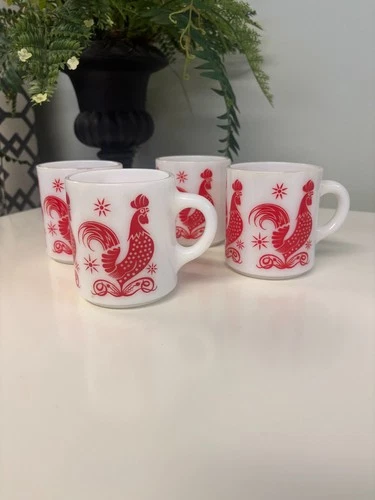 Hazel Atlas Red Rooster Milk Glass Coffee Mug Vintage 1950's, set of 4